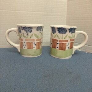 At Home Blue Flower (Hydrangea?) in Pot Design Large Coffee Mugs - Set of 2